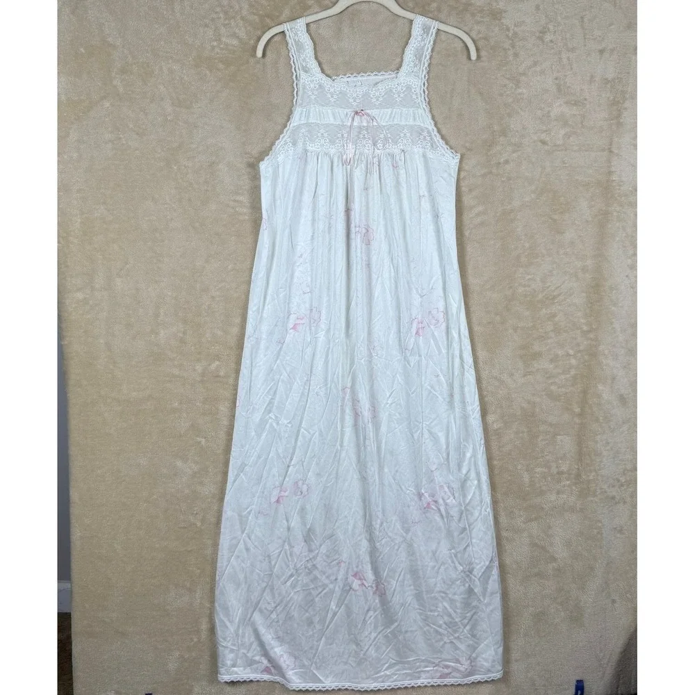 Vintage Deena White Pink Floral‎ Lace Trim Nylon Nightgown Sleep Dress Medium